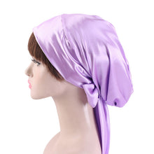 Load image into Gallery viewer, TJM-226 Ladies Satin Print Ribbon Bow Turban Hat Night Cap Silk Chemotherapy Hat Long Tail Braid Hat, Purple, Black, Pink, Royal Blue, Leopard, Big Black Flower, Rose Red Flower, Big Beige Flower, White Black Spots, Red Wine, Khaki, Light Purple       ...