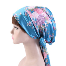 Load image into Gallery viewer, TJM-226 Ladies Satin Print Ribbon Bow Turban Hat Night Cap Silk Chemotherapy Hat Long Tail Braid Hat, Purple, Black, Pink, Royal Blue, Leopard, Big Black Flower, Rose Red Flower, Big Beige Flower, White Black Spots, Red Wine, Khaki, Light Purple       ...