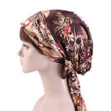 Load image into Gallery viewer, TJM-226 Ladies Satin Print Ribbon Bow Turban Hat Night Cap Silk Chemotherapy Hat Long Tail Braid Hat, Purple, Black, Pink, Royal Blue, Leopard, Big Black Flower, Rose Red Flower, Big Beige Flower, White Black Spots, Red Wine, Khaki, Light Purple       ...