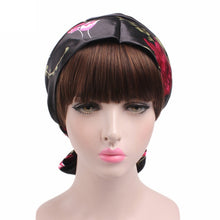 Load image into Gallery viewer, TJM-226 Ladies Satin Print Ribbon Bow Turban Hat Night Cap Silk Chemotherapy Hat Long Tail Braid Hat, Purple, Black, Pink, Royal Blue, Leopard, Big Black Flower, Rose Red Flower, Big Beige Flower, White Black Spots, Red Wine, Khaki, Light Purple       ...