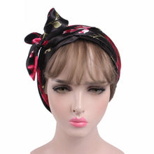Load image into Gallery viewer, TJM-226 Ladies Satin Print Ribbon Bow Turban Hat Night Cap Silk Chemotherapy Hat Long Tail Braid Hat, Purple, Black, Pink, Royal Blue, Leopard, Big Black Flower, Rose Red Flower, Big Beige Flower, White Black Spots, Red Wine, Khaki, Light Purple       ...