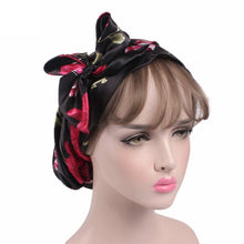 Load image into Gallery viewer, TJM-226 Ladies Satin Print Ribbon Bow Turban Hat Night Cap Silk Chemotherapy Hat Long Tail Braid Hat, Purple, Black, Pink, Royal Blue, Leopard, Big Black Flower, Rose Red Flower, Big Beige Flower, White Black Spots, Red Wine, Khaki, Light Purple       ...