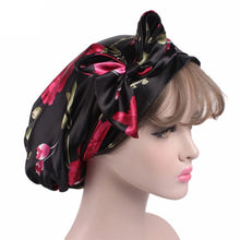 Load image into Gallery viewer, TJM-226 Ladies Satin Print Ribbon Bow Turban Hat Night Cap Silk Chemotherapy Hat Long Tail Braid Hat, Purple, Black, Pink, Royal Blue, Leopard, Big Black Flower, Rose Red Flower, Big Beige Flower, White Black Spots, Red Wine, Khaki, Light Purple       ...