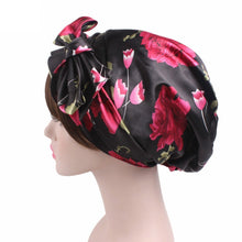 Load image into Gallery viewer, TJM-226 Ladies Satin Print Ribbon Bow Turban Hat Night Cap Silk Chemotherapy Hat Long Tail Braid Hat, Purple, Black, Pink, Royal Blue, Leopard, Big Black Flower, Rose Red Flower, Big Beige Flower, White Black Spots, Red Wine, Khaki, Light Purple       ...