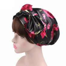 Load image into Gallery viewer, TJM-226 Ladies Satin Print Ribbon Bow Turban Hat Night Cap Silk Chemotherapy Hat Long Tail Braid Hat, Purple, Black, Pink, Royal Blue, Leopard, Big Black Flower, Rose Red Flower, Big Beige Flower, White Black Spots, Red Wine, Khaki, Light Purple       ...