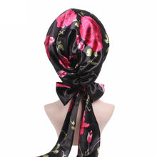 Load image into Gallery viewer, TJM-226 Ladies Satin Print Ribbon Bow Turban Hat Night Cap Silk Chemotherapy Hat Long Tail Braid Hat, Purple, Black, Pink, Royal Blue, Leopard, Big Black Flower, Rose Red Flower, Big Beige Flower, White Black Spots, Red Wine, Khaki, Light Purple       ...