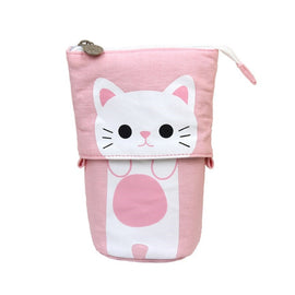 Corduroy Retractable Drop-Down Pencil Case Student Stationery Storage Bag, White Cat, Black Cat, Coffee Cat, Gray Cat