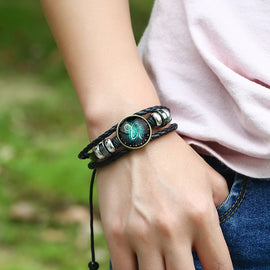 Constellations Couple Retro Weave Bracelets Leather Beads Bangle Bracelet, Capricornus