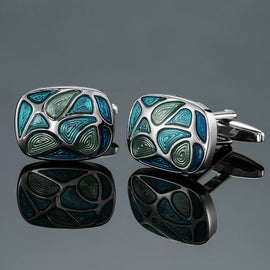 A pairMen Shirt Cufflinks Blue Series Enamel Crystal Vintage Pattern Cufflinks, Color: 15