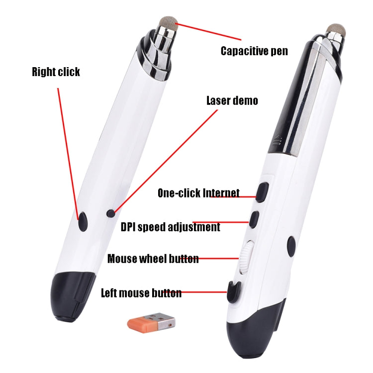 PR-08 1600DPI 6 Keys 2.4G Wireless Electronic Whiteboard Pen Multi-Function Pen Mouse PPT Flip Pen, White, Red, Blue, Black, Silver Gray