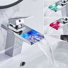 Load image into Gallery viewer, LED Three Lights Hot Cold Water Faucet Bathroom Waterfall Faucet CN Plug, Black, Electroplating Silver