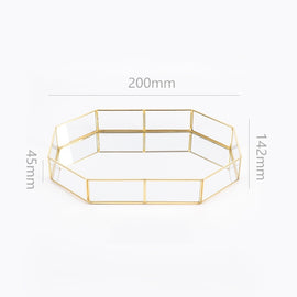 Glass Storage Tray Golden Retro Polygon Mirror Tray Brass Desktop Cosmetics Storage Tray, Polygon Small, Octagonal Plate, Beauty Brush Bucket