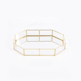 Glass Storage Tray Golden Retro Polygon Mirror Tray Brass Desktop Cosmetics Storage Tray, Polygon Small, Octagonal Plate, Beauty Brush Bucket