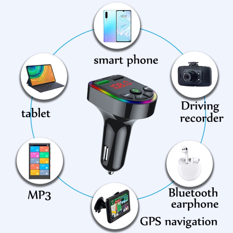 F5 Car FM Transmitter Bluetooth Hands-Free MP3 Music Player Colorful Atmosphere Light, F5