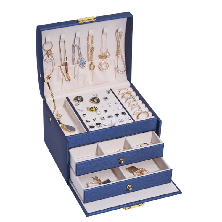 Three-Layer Leather Drawer Type Jewelry Storage Box Earrings Box With Lock, Three-Layer (Creamy White), Three-Layer (Dark Green), Three-Layer (Navy Blue)