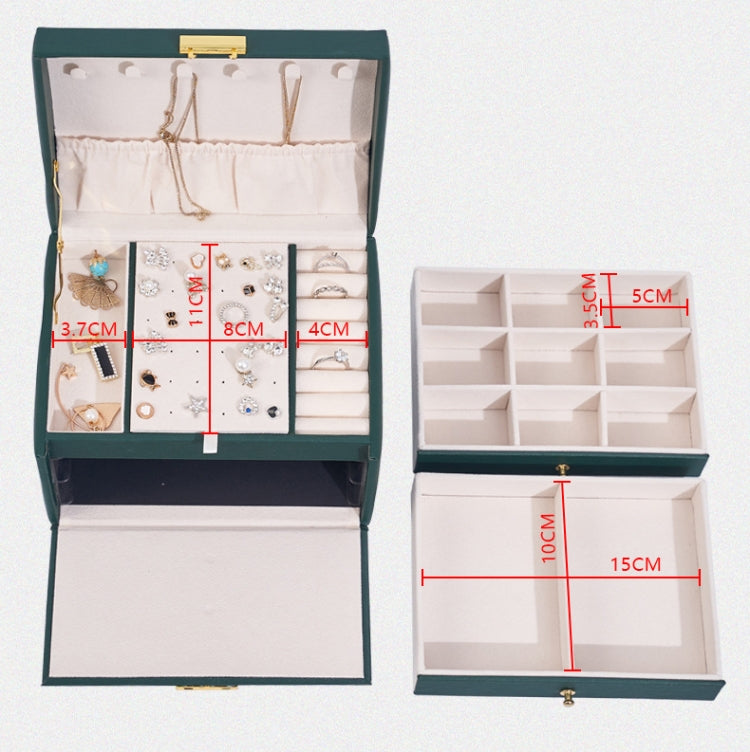 Three-Layer Leather Drawer Type Jewelry Storage Box Earrings Box With Lock, Three-Layer (Creamy White), Three-Layer (Dark Green), Three-Layer (Navy Blue)