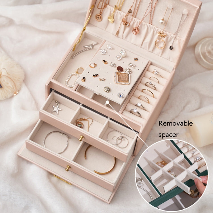 Three-Layer Leather Drawer Type Jewelry Storage Box Earrings Box With Lock, Three-Layer (Creamy White), Three-Layer (Dark Green), Three-Layer (Navy Blue)