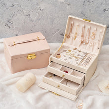 Load image into Gallery viewer, Three-Layer Leather Drawer Type Jewelry Storage Box Earrings Box With Lock, Three-Layer (Creamy White), Three-Layer (Dark Green), Three-Layer (Navy Blue)