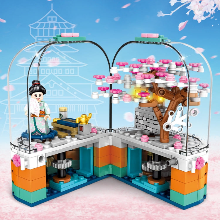 601077 Cherry Blossom Series Transparent Light Rotating Box Puzzle Assembled Toy Small Particle Building Blocks