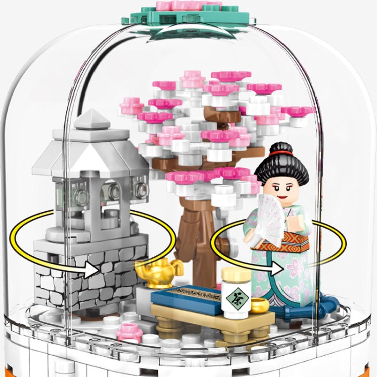 601077 Cherry Blossom Series Transparent Light Rotating Box Puzzle Assembled Toy Small Particle Building Blocks