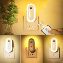 Load image into Gallery viewer, Remote Control Timer Dimming Night Light Bedroom Socket LED Wall Light, CN Plug, Dual-USB, Regular