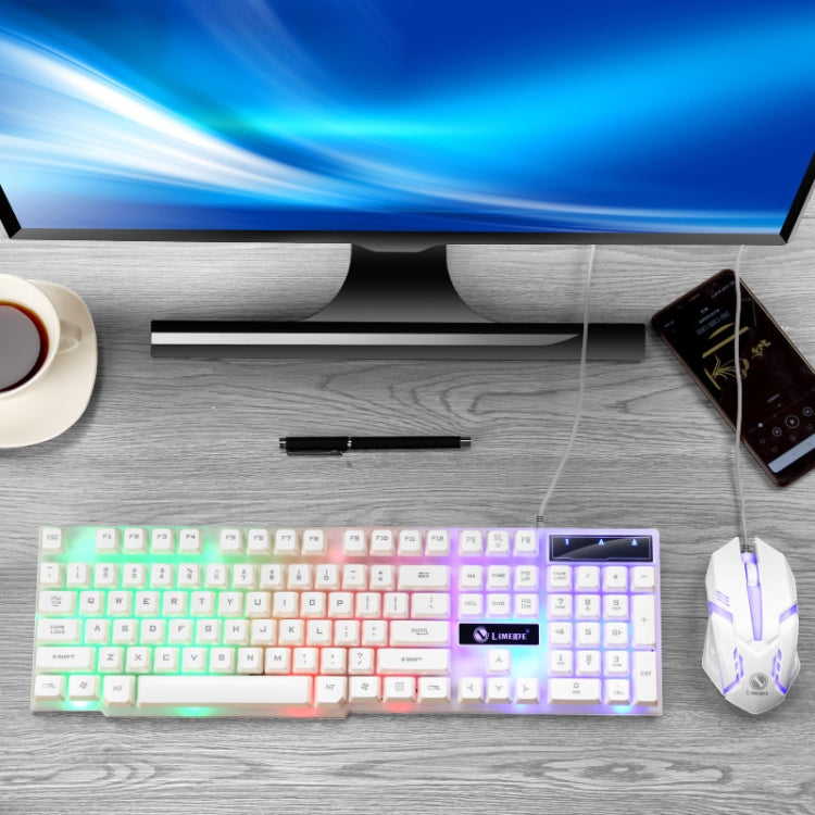 LIMEIDE GTX300 1600DPI 104 Keys USB Rainbow Suspended Backlight Wired Luminous Keyboard and Mouse Set, Cable Length: 1.4m, White, Black