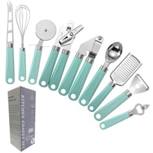 Load image into Gallery viewer, 9 in 1 Plastic Handle Stainless Steel Kitchen Utensils Household Gadget Set, Cyan, Black