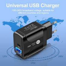 Load image into Gallery viewer, 18W PD + QC 3.0 Fast Charge Travel Charger Power Adapter With LED Indication Function, EU Plug Black, US Plug Black, UK Plug Black, EU Plug White, US Plug White, UK Plug White