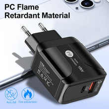Load image into Gallery viewer, 18W PD + QC 3.0 Fast Charge Travel Charger Power Adapter With LED Indication Function, EU Plug Black, US Plug Black, UK Plug Black, EU Plug White, US Plug White, UK Plug White