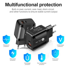 Load image into Gallery viewer, 18W PD + QC 3.0 Fast Charge Travel Charger Power Adapter With LED Indication Function, EU Plug Black, US Plug Black, UK Plug Black, EU Plug White, US Plug White, UK Plug White