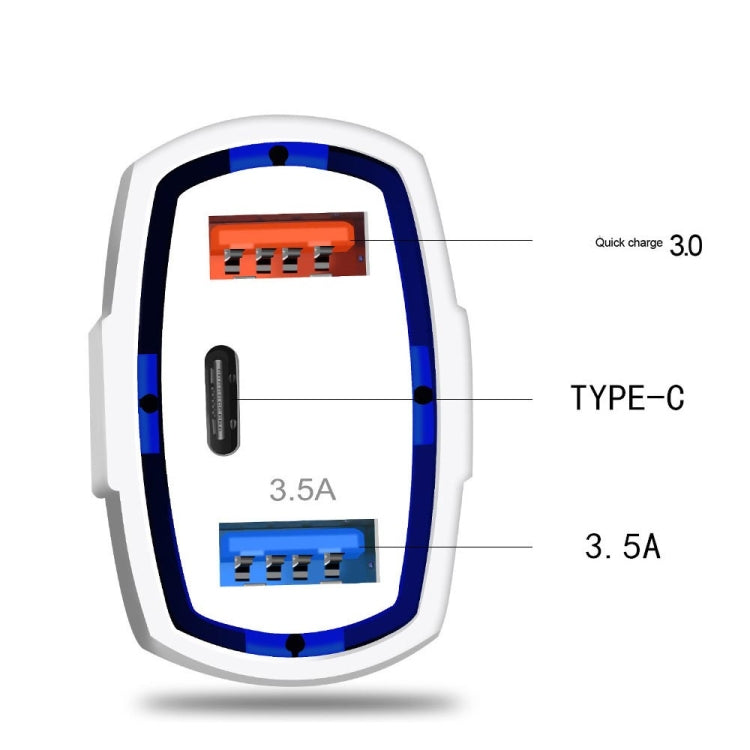 2 PCS QC3.0 Fast Charge Car Charger 3.5A Dual USB With Type-C Interface Output Car Charger, Black, White