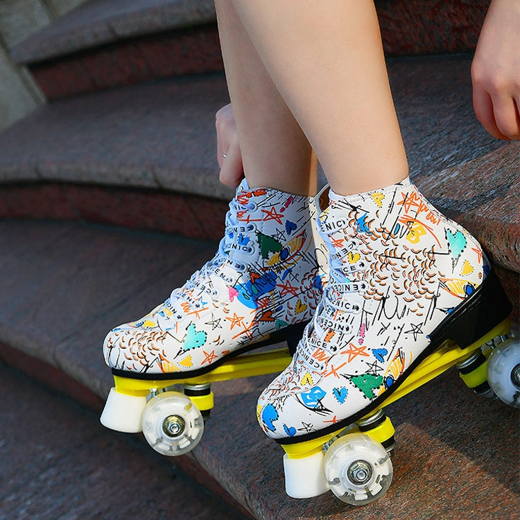 Adult Children Graffiti Roller Skates Shoes Double Row Four-Wheel Roller Skates Shoes