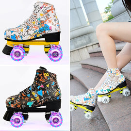 Adult Children Graffiti Roller Skates Shoes Double Row Four-Wheel Roller Skates Shoes, 42