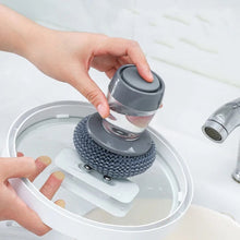 Load image into Gallery viewer, Multifunctional Push-Type Cleaning Brush Kitchen Detergent Automatic Liquid Addition Dishwashing Brush, Steel Ball Pot Brush, PET Pot Brush