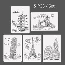 Load image into Gallery viewer, Painting Template Theme City A4 Label Template, Tower System (5pcs / Set), Sailing Line(5pcs / Set), 1 Paris Tower, 2 London Bridge, 3 Pisa Tower, 4 Big Ben, 5 Taj Mahal, 6 White House, 7 Castle, 8 Five-storied Pagoda, 9 Sydney, 10 Sailing Hotel