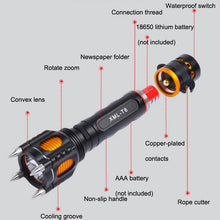 Load image into Gallery viewer, Outdoor LED T6 Strong Light Rechargeable Flashlight Car Safety Hammer Multi-Function Aelf-Defense Flashlight