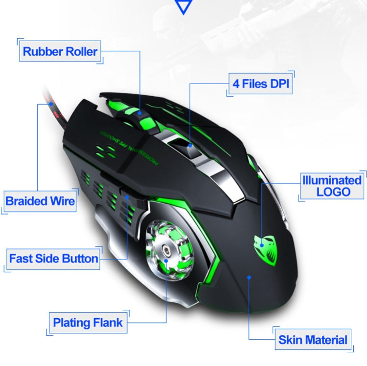 T-WOLF V6 USB Interface 6-Buttons 3200 DPI Wired Mouse Gaming Mechanical Macro Programming 7-Color Luminous Gaming Mouse, Cable Length: 1.5m, Macro Definition Audio Version Black Silver, Macro Definition Audio Version Iron Gray                         ...