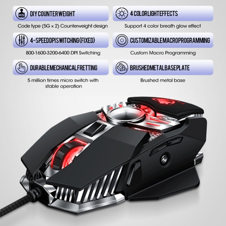 T-WOLF V10 USB Interface 7 Buttons 6400 DPI Gaming Wired Mouse Custom Macro Programming 4-Color Breathing Light Gaming Mouse, Cable Length: 1.5m, Black, Gun Color