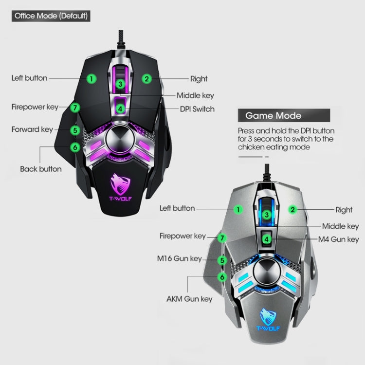 T-WOLF V10 USB Interface 7 Buttons 6400 DPI Gaming Wired Mouse Custom Macro Programming 4-Color Breathing Light Gaming Mouse, Cable Length: 1.5m, Black, Gun Color