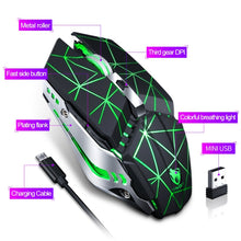 Load image into Gallery viewer, T-WOLF Q15 6-Buttons 1600 DPI Wireless Rechargeable Mute Office Gaming Mouse with 7 Color Breathing Light, Technology Black, Stars Black, Pearl White