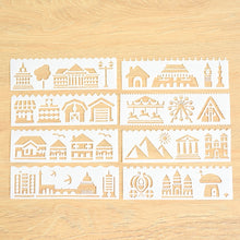 Load image into Gallery viewer, HB-9 Long Series 8 in 1 Drawing Ruler Hand Account Multi-Function Hollow Flower Edge Filling Template, Wave Letters, Cartoon Animals, Flowers, Architecture, Car, Leaves, Weather, Cruise Ship
