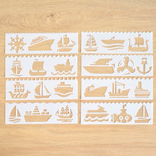 Load image into Gallery viewer, HB-9 Long Series 8 in 1 Drawing Ruler Hand Account Multi-Function Hollow Flower Edge Filling Template, Wave Letters, Cartoon Animals, Flowers, Architecture, Car, Leaves, Weather, Cruise Ship