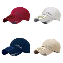 Load image into Gallery viewer, Letter Pattern Outdoor Travel Hats USB Charging Fan Caps Portable Sunshade Peaked Cap, Red, White, Blue, Khaki