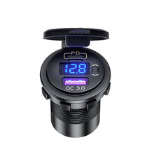 Load image into Gallery viewer, 12V Modified Car USB Charger With Voltage Display PD QC3.0 Socket, With Terminal Blue Light, With Terminal Red Light, With Terminal Green Light, With 60cm Line Blue Light, With 60cm Line Red Light, With 60cm Line Green Light