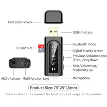 Load image into Gallery viewer, USB Car Bluetooth 5.0 Adapter Receiver FM + AUX Audio Dual Output Stereo Transmitter