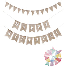 Load image into Gallery viewer, Swallowtail Burlap First Birthday Flags Mori Series Party Flags Specification: Burlap Birthday Fish Tail Flag, Burlap Birthday Fish Tail Flag, Burlap Triangle Flag, Burlap Triangle Flag (Candy Colored)