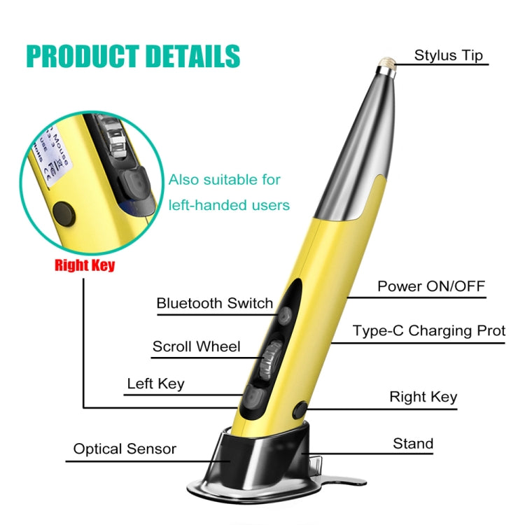 PR-A19 2.4GHz Wireless Charging Bluetooth Mouse Pen Type Shining Quiet Mouse, Yellow, Red, Purple, Green, Blue, Silver Gray