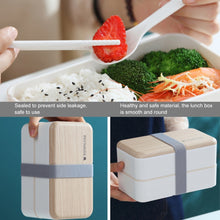 Load image into Gallery viewer, Office Double-layer Separated Lunch Box Wooden Portable Microwaveable Heating Student Bento Box with Cutlery, Double-layer
