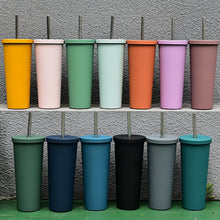Load image into Gallery viewer, 700ml Large Capacity Double Stainless Steel Straw Cup Vacuum Outdoor 304 Insulation Cup Car Water Cup, Khaki, Cinnabar Orange, Lilac Purple, Pink, Glazed Green, Moss Green, Dark Gray, Indigo, Ink Black, Gray Green, Light Pink, Green White, Lake Blue