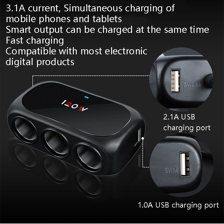 Car Charger Cigarette Lighter 1 In 3 Mobile Phone USB Car Charger, White, Black